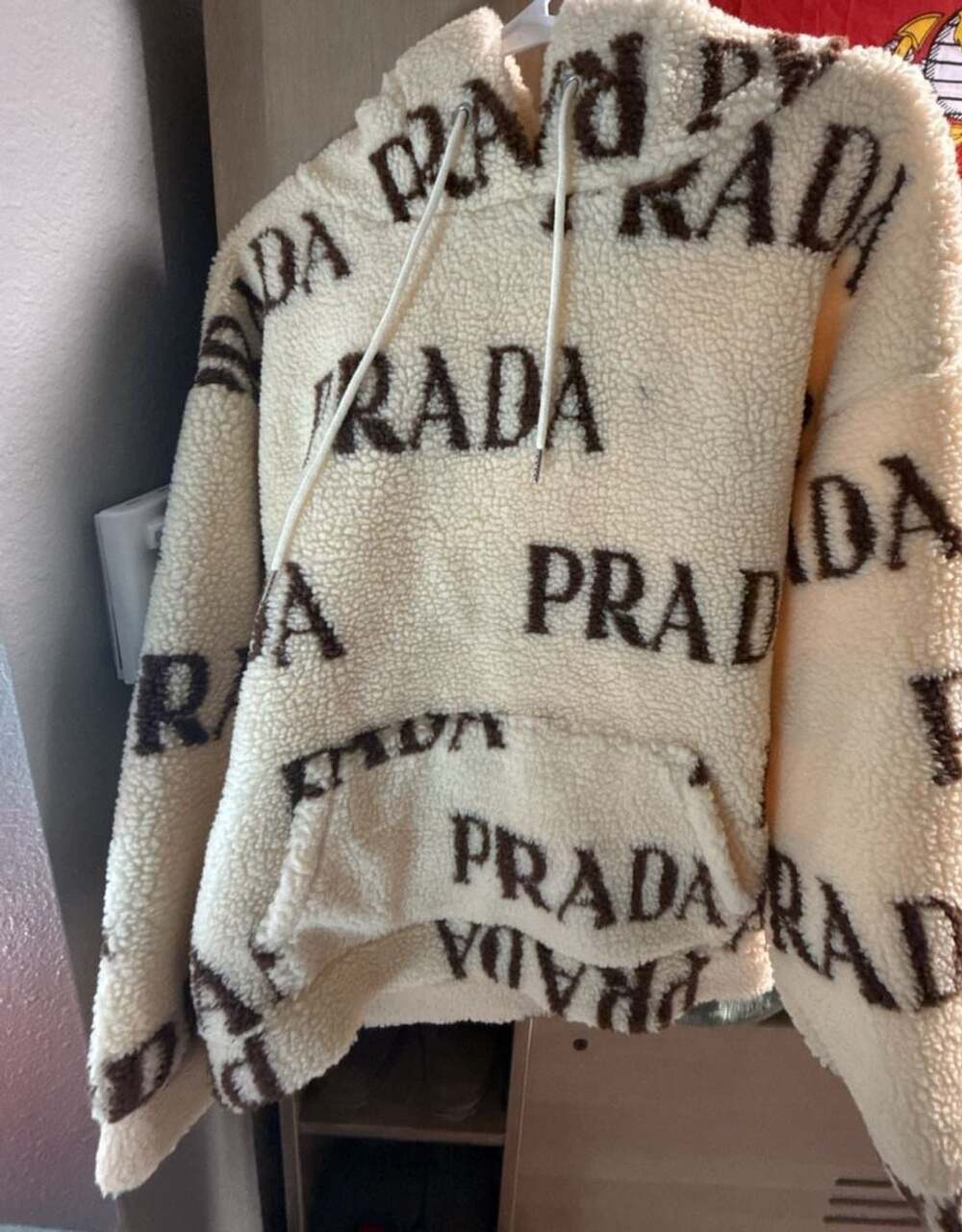 Prada Logo Intarsia Shearling Fleece Hoodie White Brown